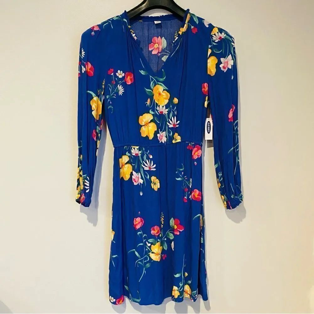 Old Navy Blue Pink Yellow Floral Blouson Long Sleeve Key Hole Dress Size Small